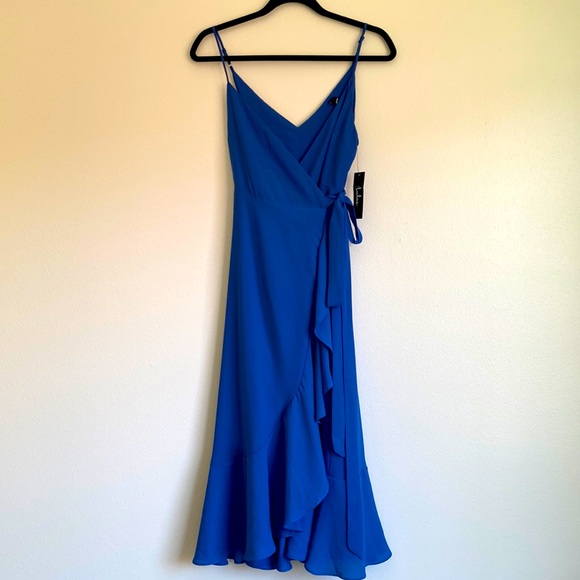 Lulus Manhattan Moment Blue Wrap Ruffled Midi Dress - Picture 4 of 9